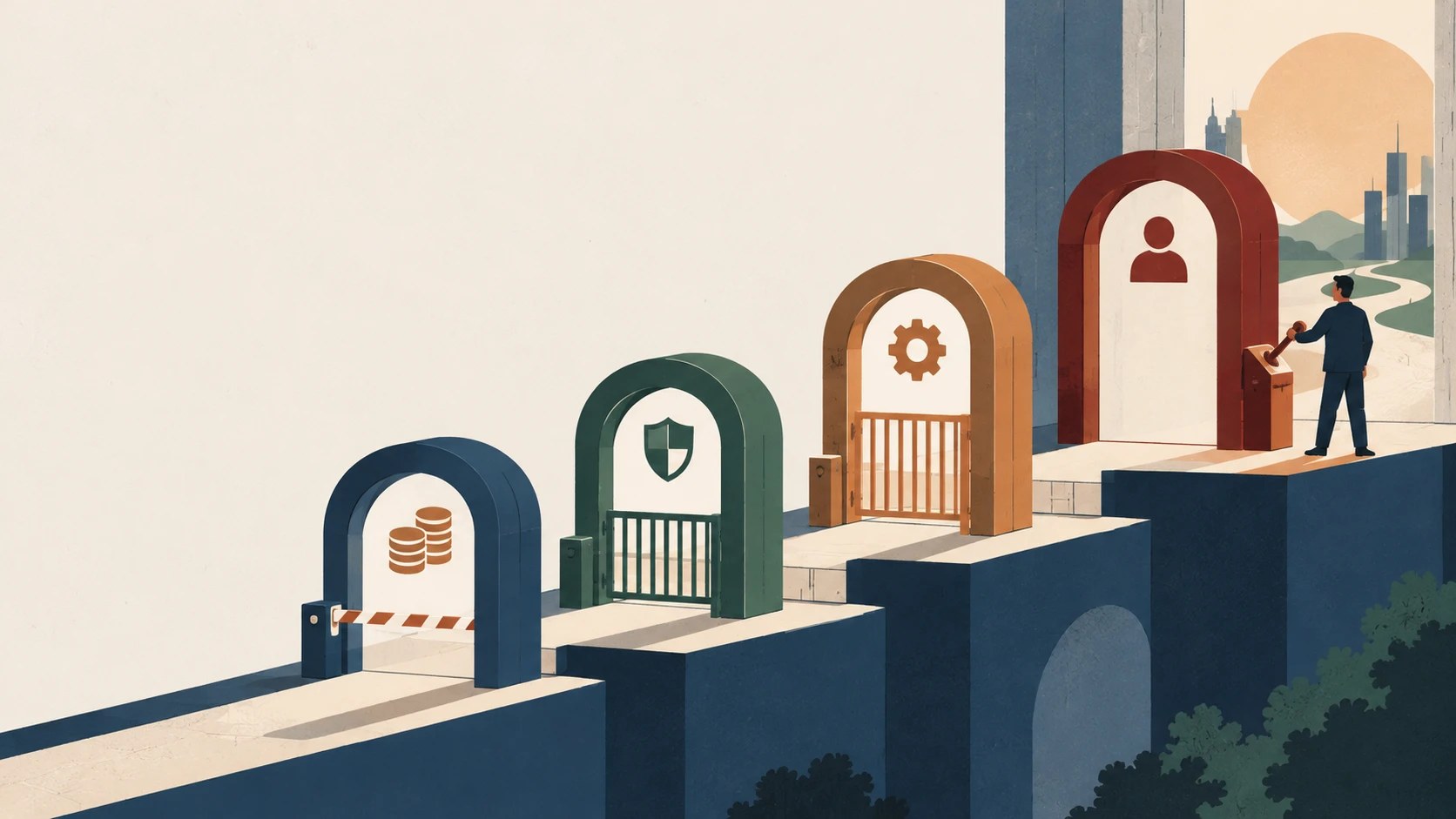 Four arched gates climbing a staircase, each marked with a different icon: coins, a shield, a gear and a person. A figure at the last gate pulls a lever.